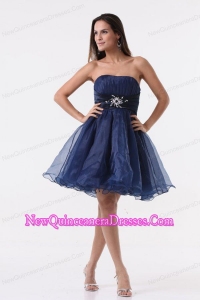 A-line Strapless Navy Blue Beading Ruching Organza Dresses for Dama