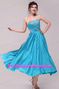 Elegant Aqua Blue A-Line Strapless Taffeta Beading Ankle -length Dresses for Dama