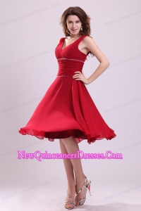 Popular A-line V-neck Dama Dress for Quinceanerain Wine Red with Knee-length