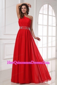 Red One Shoulder Beaded Decorate Waist Floor-length Dresses for Dama