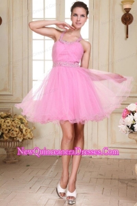 Baby Pink Halter Top Neck Mini-length Beading Dama Dress for Quinceanera with Organza