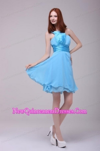 Baby Blue One Shoulder Ruching Dama Dresses with Chiffon