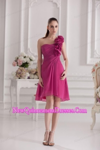 Empire One Shoulder Hand Made Flowers Ruching Fuchsia Dama Dresses