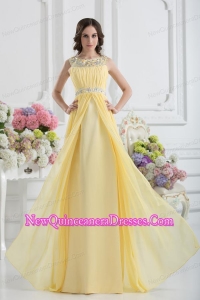 Empire Scoop Beading Ruching Light Yellow Dresses for Dama