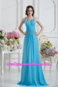 Empire Straps Ruching Baby Blue Floor-length Chiffon Dama Dresses