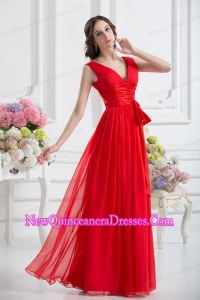 Empire V-neck Ruching Sashes Chiffon Dresses for Dama with Wine Red