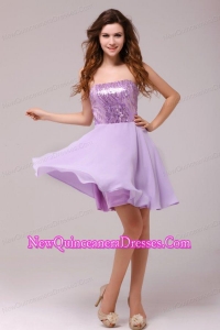 Purple Strapless Sequins Chiffon Knee-length Dresses for Dama