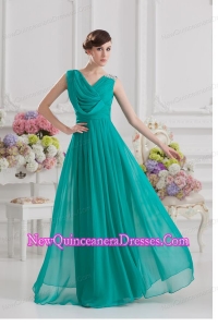 V-neck Empire Turquoise Chiffon Dresses for Dama with Ruching and Beading