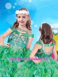 Top Selling Bateau Green 2016 Little Girl Pageant Dress with Beading and Ruffles