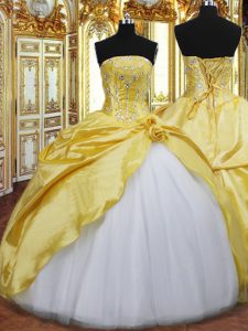 Sleeveless Floor Length Beading and Hand Made Flower Lace Up Quinceanera Gowns with Gold