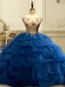 Sleeveless Floor Length Appliques and Ruffles and Sequins Lace Up Sweet 16 Quinceanera Dress with Navy Blue