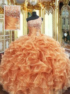 Sleeveless Floor Length Beading and Ruffles Lace Up Quinceanera Gowns with Orange