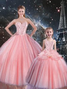 Colorful Pink Sleeveless Floor Length Beading Lace Up Quinceanera Dresses