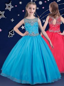 Amazing Scoop Baby Blue Sleeveless Beading Floor Length Little Girl Pageant Gowns