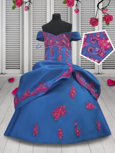 Blue Ball Gowns Taffeta Off The Shoulder Sleeveless Beading and Appliques and Pick Ups Floor Length Lace Up Little Girl Pageant Dress