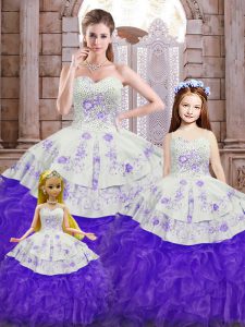 Super White And Purple Sweetheart Neckline Beading and Appliques and Ruffles Sweet 16 Quinceanera Dress Sleeveless Lace Up