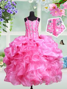 Hot Selling Straps Sleeveless Lace Up Floor Length Beading and Ruffles and Pick Ups Kids Formal Wear