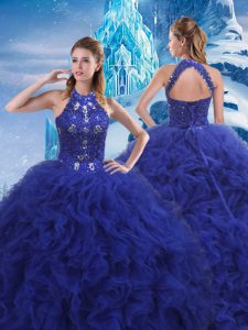 Stunning Sleeveless Beading and Ruffles Lace Up 15th Birthday Dress with Blue Brush Train