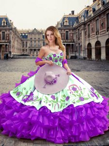Sleeveless Floor Length Embroidery and Ruffled Layers Lace Up Quince Ball Gowns with Eggplant Purple