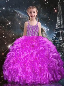 Cute Floor Length Fuchsia Little Girl Pageant Gowns Straps Sleeveless Lace Up