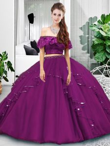 Comfortable Sleeveless Tulle Floor Length Lace Up Sweet 16 Dress in Eggplant Purple with Lace and Ruffles
