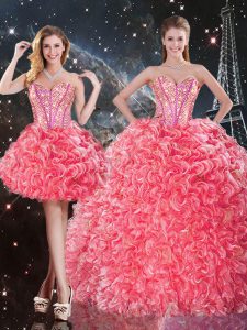 Super Coral Red Quinceanera Gowns Military Ball and Sweet 16 and Quinceanera with Beading and Ruffles Sweetheart Sleeveless Lace Up