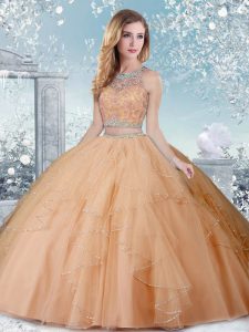 Champagne Tulle Clasp Handle Scoop Sleeveless Floor Length Quinceanera Gowns Beading