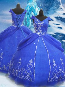 Unique Blue Short Sleeves Floor Length Beading and Appliques Lace Up Sweet 16 Quinceanera Dress