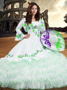 Unique White Ball Gowns Organza Square Long Sleeves Embroidery and Ruffled Layers Floor Length Lace Up 15 Quinceanera Dress