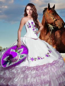 Adorable Sleeveless Taffeta Floor Length Lace Up Sweet 16 Dress in White with Embroidery and Ruffled Layers