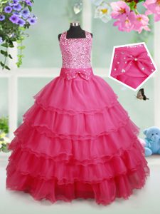 Halter Top Hot Pink Sleeveless Floor Length Beading and Ruffled Layers and Bowknot Zipper Kids Pageant Dress
