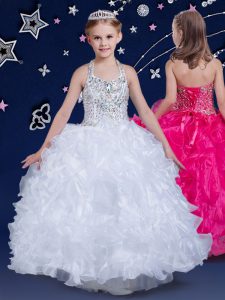 White Halter Top Neckline Beading and Ruffles Little Girl Pageant Dress Sleeveless Lace Up