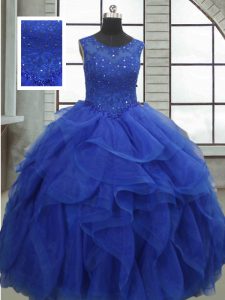 Royal Blue Bateau Lace Up Ruffles and Sequins Quinceanera Gown Sleeveless