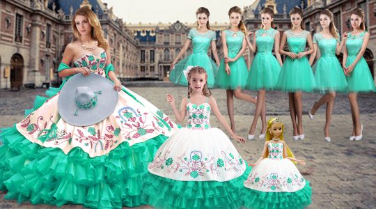 Sleeveless Organza Floor Length Lace Up Vestidos de Quinceanera in Turquoise with Embroidery and Ruffled Layers