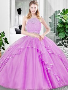 Lilac Two Pieces Scoop Sleeveless Tulle Floor Length Zipper Lace and Ruffled Layers Quince Ball Gowns