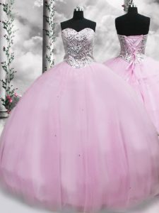 Lilac Lace Up Sweetheart Beading Vestidos de Quinceanera Tulle Sleeveless Brush Train