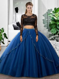 Glamorous Blue Scoop Backless Lace and Ruching Vestidos de Quinceanera Long Sleeves