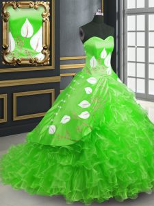 Comfortable Green Sleeveless Organza Brush Train Lace Up 15th Birthday Dress for Military Ball and Sweet 16 and Quinceanera