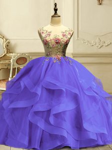 Scoop Sleeveless Organza Quinceanera Gown Appliques and Ruffles Lace Up