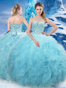 Exquisite Aqua Blue Sweet 16 Dress Military Ball and Sweet 16 and Quinceanera with Beading and Pick Ups Sweetheart Sleeveless Lace Up