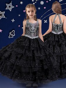 Black Ball Gowns Organza Halter Top Sleeveless Beading and Ruffled Layers Floor Length Zipper Little Girls Pageant Gowns
