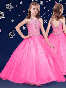 Hot Pink Ball Gowns Halter Top Sleeveless Organza Floor Length Zipper Beading Kids Formal Wear