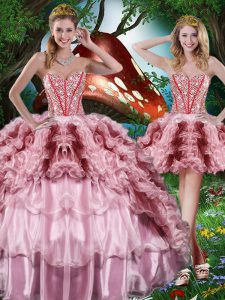 Fashionable Sleeveless Lace Up Floor Length Beading and Ruffles and Ruffled Layers Quince Ball Gowns