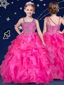 Nice Organza Asymmetric Sleeveless Zipper Beading and Ruffles Little Girl Pageant Dress in Hot Pink