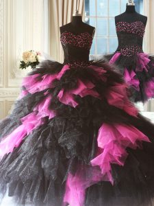 Attractive Pink And Black Tulle Lace Up 15 Quinceanera Dress Sleeveless Floor Length Beading and Ruffles