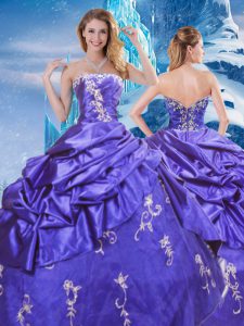 Elegant Strapless Sleeveless Quinceanera Gown Floor Length Appliques and Pick Ups Purple Taffeta