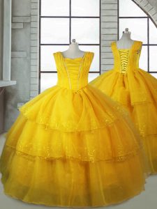 Exquisite Gold Sleeveless Ruffled Layers Floor Length Pageant Gowns For Girls
