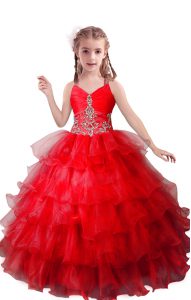 Red Ball Gowns V-neck Sleeveless Organza Floor Length Zipper Beading and Ruffled Layers Pageant Gowns For Girls