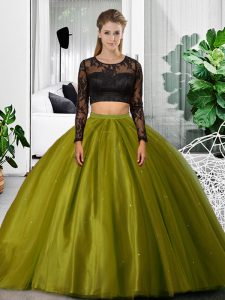Clearance Olive Green Long Sleeves Floor Length Lace and Ruching Backless Sweet 16 Dress