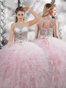 Baby Pink Ball Gowns Beading and Ruffles 15th Birthday Dress Lace Up Tulle Sleeveless Floor Length